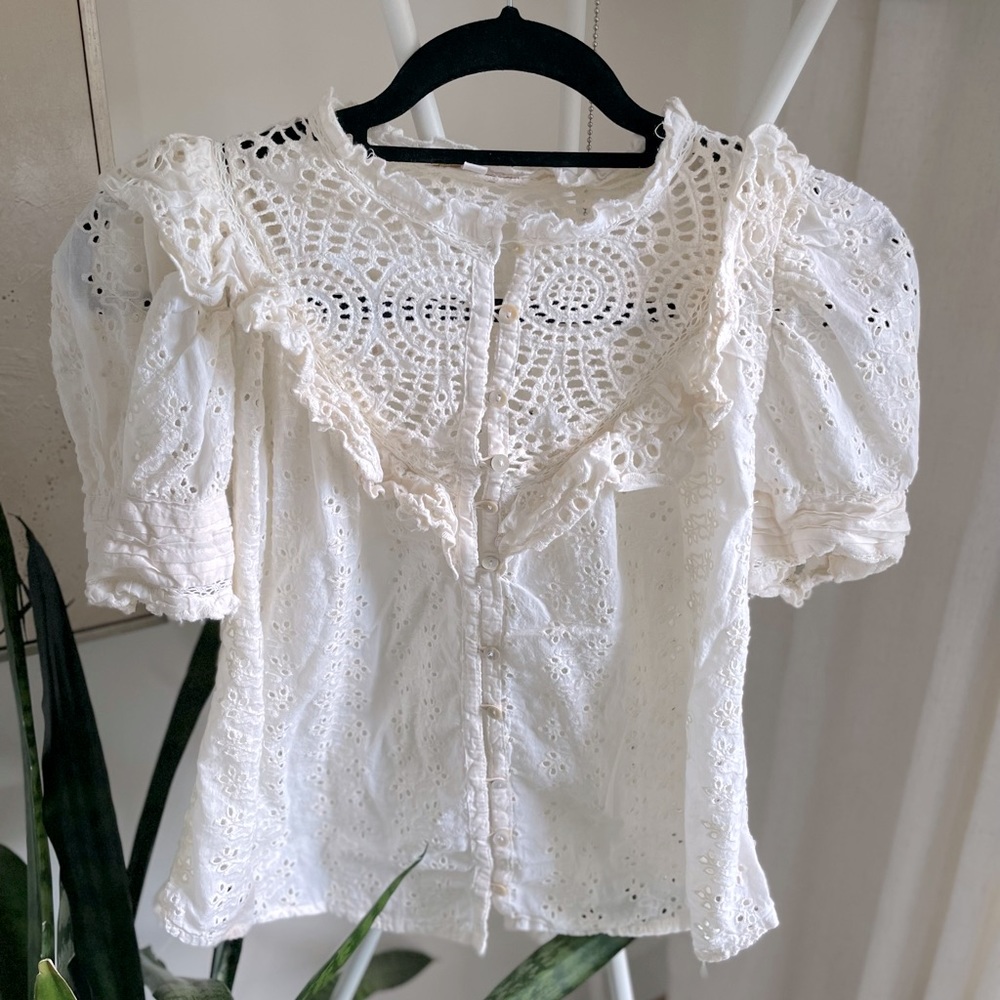 Anthro Love the Label Eyelet Yoke Top, Sz XS